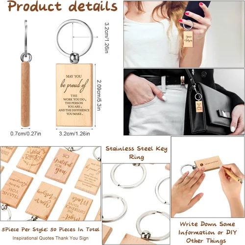 Vista 2 de Queekay 50 piezas de regalo de agradecimiento para empleados para mujeres, regalos de agradecimiento para empleados, llaveros de madera en blanco