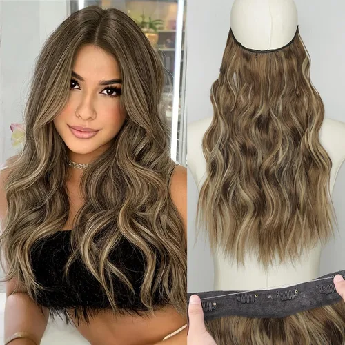 Vista 13 de KooKaStyle - Extensiones de cabello con hilo invisible, diadema transparente, ajustables, 4 clips fijadores, cabello largo y ondulado de 12