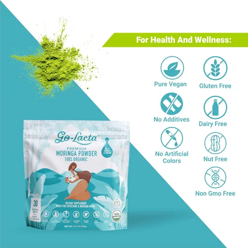 Vista 6 de Go-Lacta® Super Polvo de Moringa: ¡Aumenta la leche materna naturalmente! 30 sobres de 3 g de Moringa orgánica pura - Perfecto para mamás, 100%