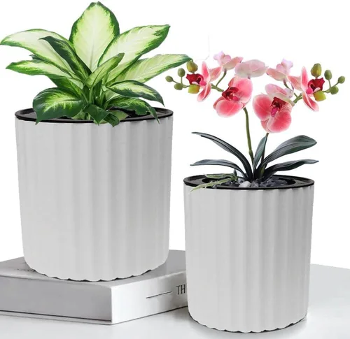 Vista 5 de MUZHI Maceta de orquídea con red y agujeros, maceta de riego automático redonda para plantas de interior y flores, 3 juegos, color blanco