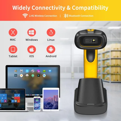 Vista 5 de NETUM Escáner de código de barras Bluetooth industrial QR, actualizado con base de carga, lector de código de barras inalámbrico 2D 1D 2600mAh