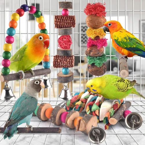 Vista 2 de Bissap Paquete de 7 juguetes para masticar pájaros, perca de madera natural