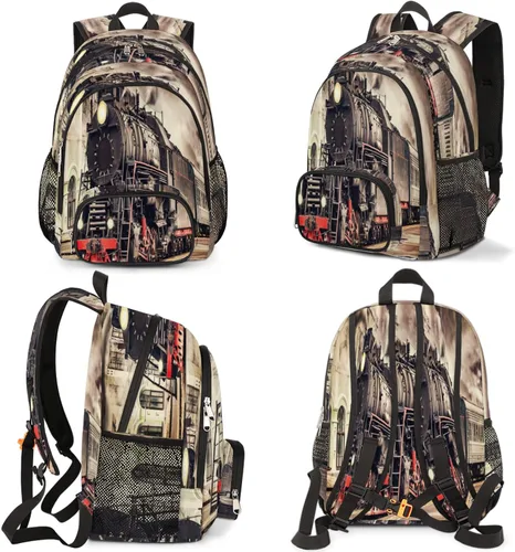 Vista 7 de TropicalLife Mochila escolar vintage de tren de vapor de 18 pulgadas, mochila escolar para adolescentes, niñas, niños, mochila escolar