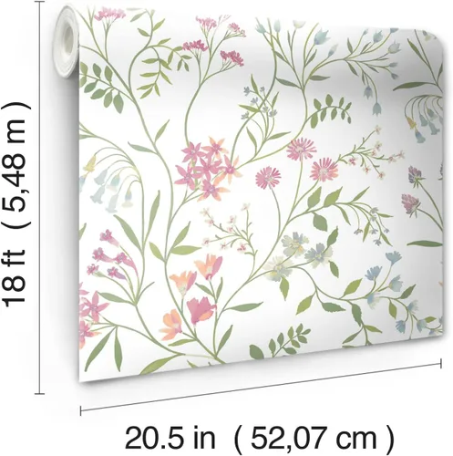 Vista 4 de RoomMates White Meadow Mix - Papel tapiz autoadhesivo Blanco/Verde/Rosa