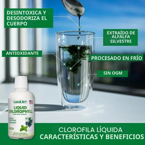 Vista 3 de Land Art Pure Aloe Vera Gel Bebible Sin Sabor 64 fl oz + Clorofila Líquida Sabor Menta 16 fl oz