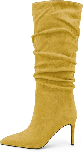 Vista 13 de Zamikoo Botas holgadas de tacón alto para mujer, botas de tacón de aguja altas hasta la rodilla, puntera puntiaguda, elásticas, botas altas de meter