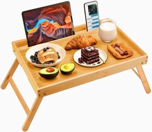 Vista 11 de Pipishell - Bandeja de bambú para cama con patas plegables, bandeja de desayuno para sofá, cama, comer, trabajar, se utiliza como bandeja de Negro