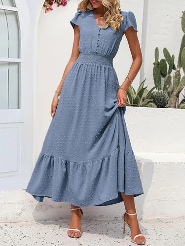 Vista 2 de PRETTYGARDEN - Vestido estilo bohemio, manga corta, cuello en V y plumetí con volados para mujer, vestido largo fruncido de cóctel