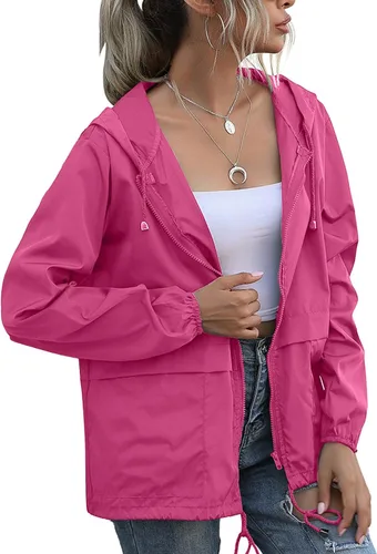 Vista 14 de PESION Chaqueta impermeable ligera para mujer, rompevientos con capucha y bolsillo para exteriores Verde militar