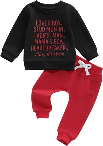 Vista 9 de Conjunto de sudadera con estampado de letras para el día de San Valentín para bebé, niño, niña, ropa de primavera 1 Rojo Gris