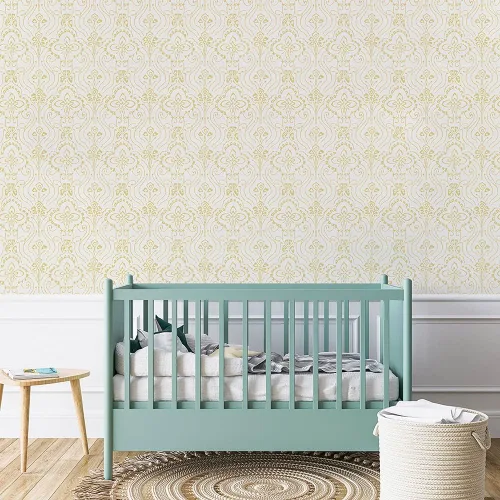 Vista 4 de Tempaper Yellow Pacific Wave Damask - Papel tapiz removible para despegar y pegar, 20.5 pulgadas x 16.5 pies, fabricado en los Estados Unidos