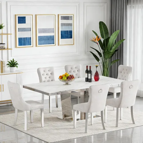 Vista 27 de Juego de mesa de comedor extensible de 63 a 79 pulgadas para 4, moderna mesa de cocina expandible con 4 sillas de terciopelo, mesa de madera gruesa