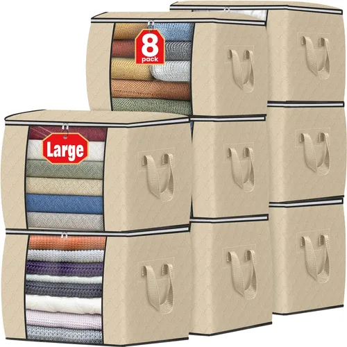Vista 19 de Fab totes Paquete de 3 bolsas de almacenamiento plegables de tela gruesa, contenedores para organizar dormitorio, armario, ropa, edredón, Beige