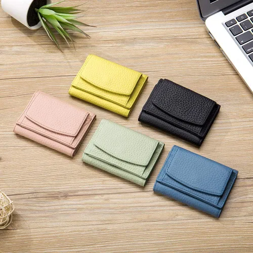 Vista 9 de Cartera pequeña para mujer, de piel con RFID, compacta, para tarjetas, monedero delgado con bolsillo frontal, Amarillo, Minimalista