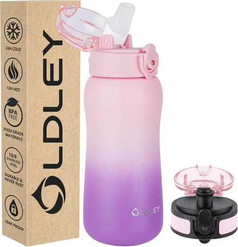 Vista 13 de Botella de agua aislada Oldley de 12 oz con pajita, botella de agua de acero inoxidable con 2 tapas, botellas de doble pared con vacío para adultos