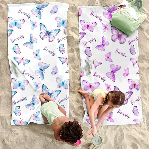 Vista 2 de Toalla de playa personalizada con nombre personalizado, secado rápido, niños adultos A-mariposas