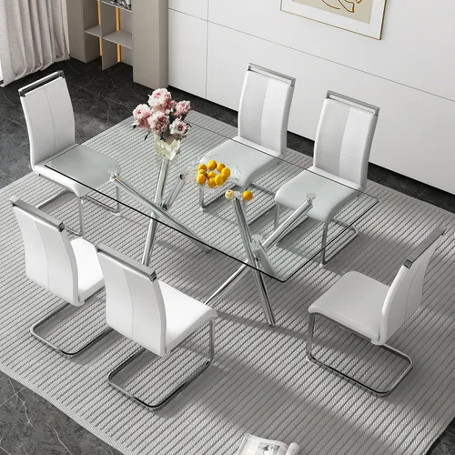 Vista 13 de Juego de 6 mesas de comedor de cristal, moderno juego de mesa de comedor de vidrio templado rectangular transparente de 71 pulgadas y 6 sillas