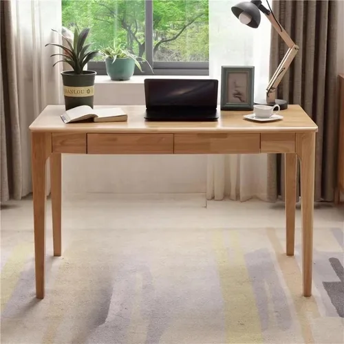 Vista 10 de Escritorio de madera maciza con cajones, escritorio de computadora pequeño para espacios pequeños, escritorios de estudio de juegos, oficina en casa
