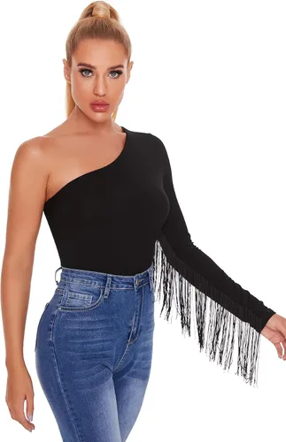 Vista 5 de VERDUSA Bodysuit de manga larga con un solo hombro y ribete de flecos para mujer