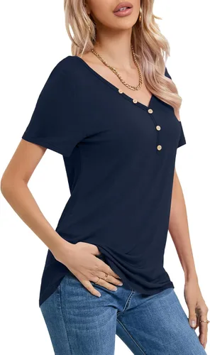 Vista 3 de NILOUFO Camisas casuales de verano para mujer, manga corta, cuello en V, blusas lindas