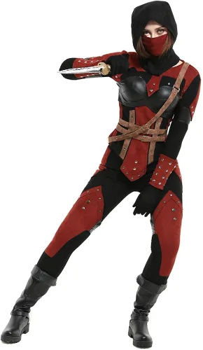 Vista 4 de miccostumes Disfraz de asesino oscuro para mujer, conjunto de cosplay con capucha