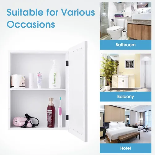 Vista 5 de GOFLAME Botiquín de baño, armario de almacenamiento con espejo de montaje en pared con una sola puerta y estante ajustable, organizador de madera