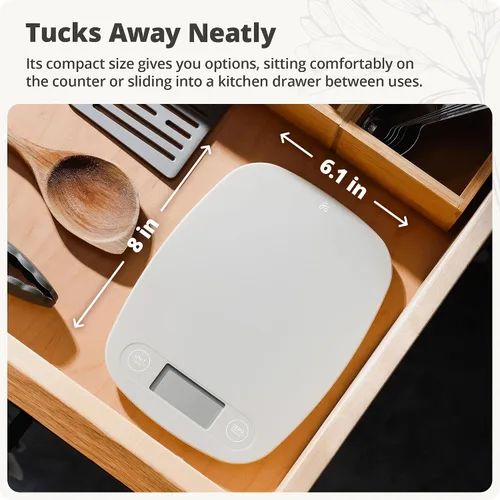Vista 8 de Greater Goods Báscula de alimentos – Báscula digital de cocina, precisión de 1g (0.035 oz), tara fácil y conversión rápida, diseño compacto delgado