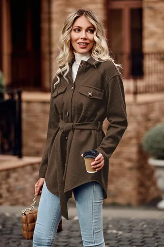 Vista 3 de PRETTYGARDEN Chaqueta de otoño con solapa y cinturón para mujer
