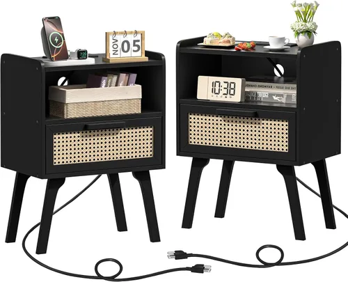 Vista 14 de Lerliuo Rattan Nightstand with Charging Station, Boho Night Stand Natural
