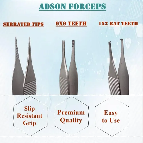 Vista 2 de Adson Fórceps - Juego de 3 pinzas rectas de acero inoxidable de 1 x 2 dientes, pinzas para aderezo Adson de 4.75 pulgadas