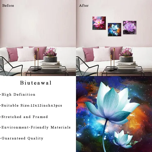 Vista 6 de Biuteawal 3 paneles de flores arte de pared de loto floreciente imagen elegante rosa azul púrpura pintura floral lienzo enmarcado moderno hogar