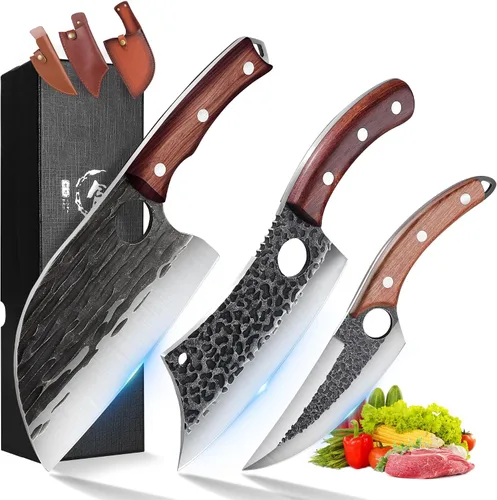 Vista 9 de ROCOCO Juego de 13 Cuchillos de Carnicero para Corte de Carne Cuchillo de Chef Serbio Cuchillo de Deshuesado Vikingo con Bolsa Enrollable