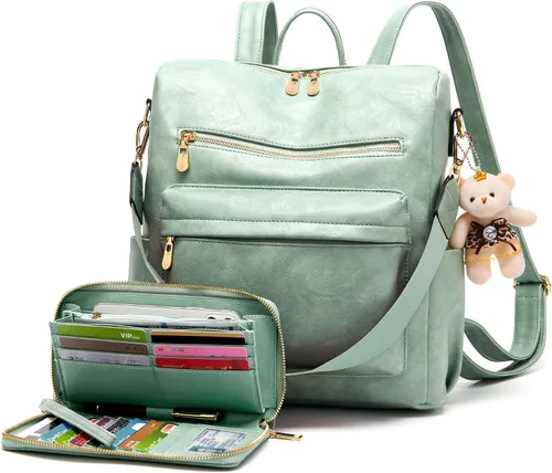 Vista 8 de Soperwillton Bolso de mochila para mujer. Bolsos de mano con diseño multiusos. Bolsa de hombro de cuero sintético. Bolsa de viaje. Juego de 2