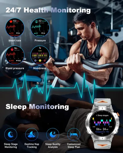 Vista 3 de GPS Military Smart Watch for Men with Bluetooth Call, 1.43" AMOLED Waterproof Fitness Tracker with Heart Rate/Sleep Monitor/Flashlight, 170+ Sports