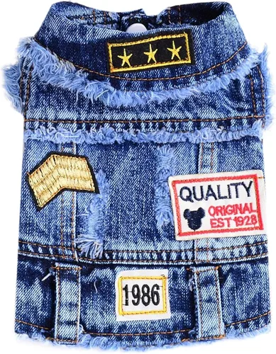 Vista 10 de Chaqueta de mezclilla para perro con anillo en D, abrigo de mezclilla azul, trajes para perros pequeños, gatos, macho, niña, ropa de cumpleaños