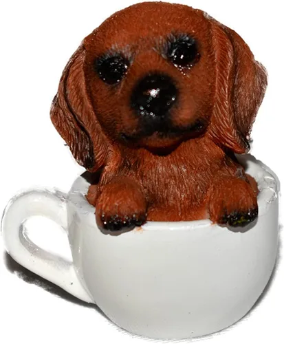 Vista 2 de Adorable figura de estatua de perro salchicha marrón de 2.5 pulgadas sentado dentro de una taza de té