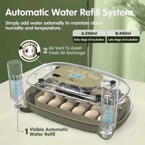 Vista 4 de Incubadora de 24 huevos con giro automático, control de temperatura y humedad, vela LED para huevos y adición automática de agua, para incubar