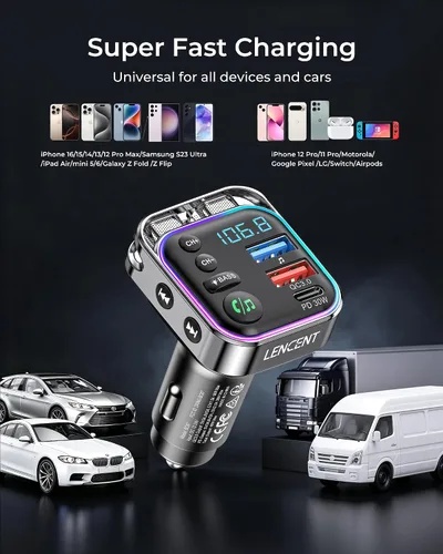 Vista 6 de LENCENT Bluetooth 5.3 Transmisor FM Adaptador de coche 48W (PD30W y QC18W) Fast Charger, Light Switch, HiFi Bass Sound Wireless Radio MP3 Music