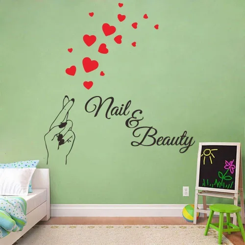 Vista 5 de JWH181 - Adhesivo para pared de uñas y salón de belleza, hermosos dedos y corazones rojos, arte de pared extraíble de PVC para barra de esmalte