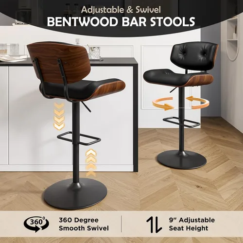 Vista 3 de LUXOAK Juego de 2 taburetes de bar modernos, taburetes giratorios ajustables con respaldo, asiento ancho y profundo, taburetes ergonómicos de piel