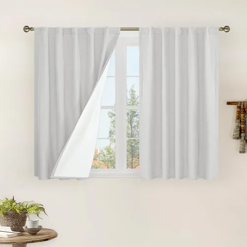 Vista 131 de LAMIT Cortinas opacas cortas de lino de 30 pulgadas para ventanas de cocina sobre el fregadero, cortinas de café texturizadas de lino marfil