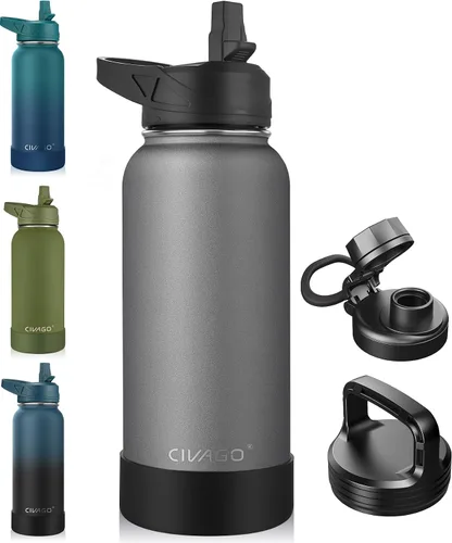 Vista 56 de CIVAGO Botella de agua aislada de 22 onzas con pajita, frasco de agua deportiva de acero inoxidable con 3 tapas