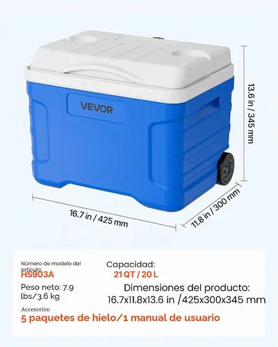 Vista 7 de VEVOR Enfriador portátil, enfriador duro con retención de hielo, asas y correa de alta resistencia, material rígido ligero, aislado, portátil
