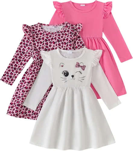 Vista 24 de Vestidos para niñas Vestidos para niñas pequeñas Paquete de 3 Vestido casual de fiesta con estampado patinador acampanado tipo A Vestido de verano