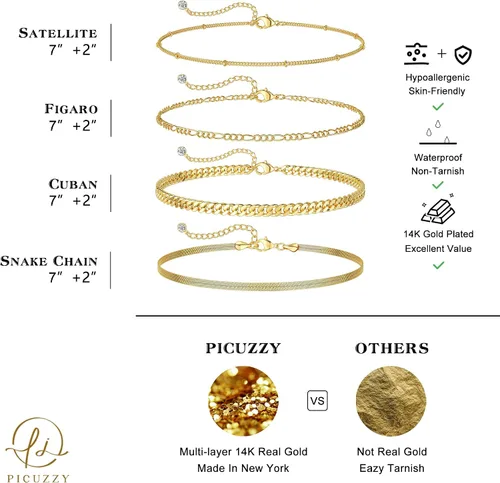 Vista 3 de Picuzzy Pulseras de oro para mujer, de oro real de 14 quilates, apilables, impermeables, juego de joyas para mujer, a la moda, delicadas, bonitas
