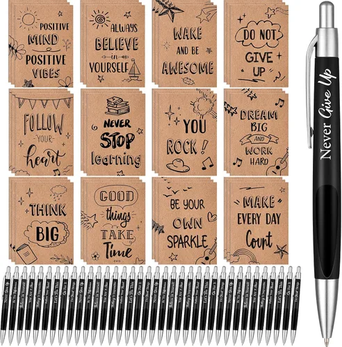 Vista 8 de Yeaqee Juego de 72 Piezas de Bolígrafos Motivacionales y Blocs de Notas, Bolígrafo de Punta de Bola con Citas Inspiradoras, Cuaderno Pequeño, Mini