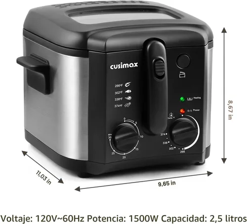 Vista 8 de CUSIMAX Freidora Eléctrica Profunda para Uso Doméstico, Freidora Profunda Pequeña de 2.5 Litros 1500W con Cesta, Temperatura y Tiempo Ajustables