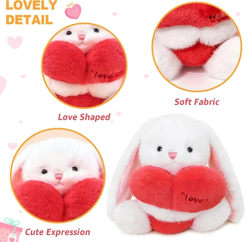 Vista 5 de Ditucu Love Bunny - Peluche de conejo con soporte de corazón rojo de 9.8 pulgadas, lindo conejo de peluche suave, juguetes románticos y dulces