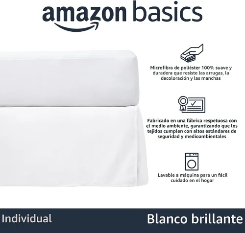 Vista 2 de Amazon Basics Falda de cama plisada ligera, individual, color blanco brillante, sólido
