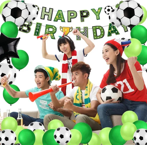 Vista 6 de Decoraciones de fiesta de cumpleaños número 10 para niños, decoraciones de fiesta de cumpleaños de fútbol, pancarta de feliz cumpleaños, suministros
